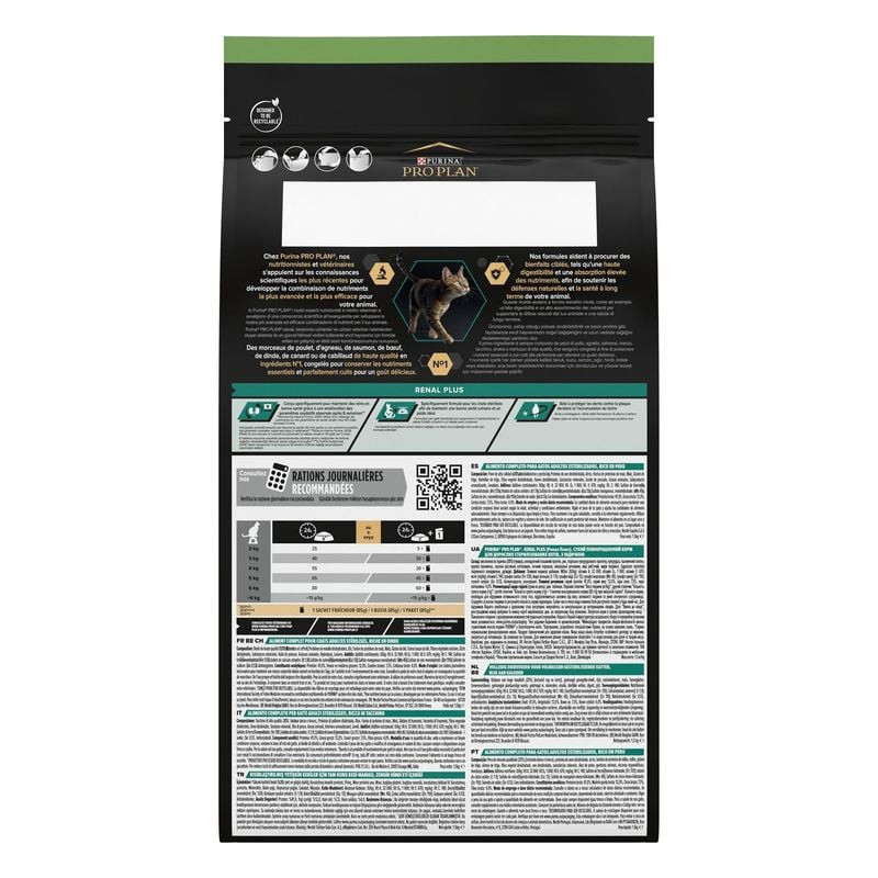 Vue latérale du sac de croquettes Pro Plan 1967386 pour chats adultes stérilisés, saveur dinde, avec