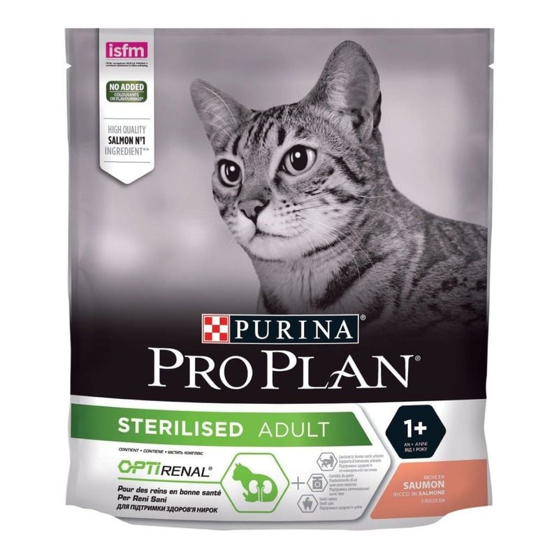 Vue arrière du sac de croquettes Pro Plan Sterilised Adult Renal Plus au saumon montrant les informa