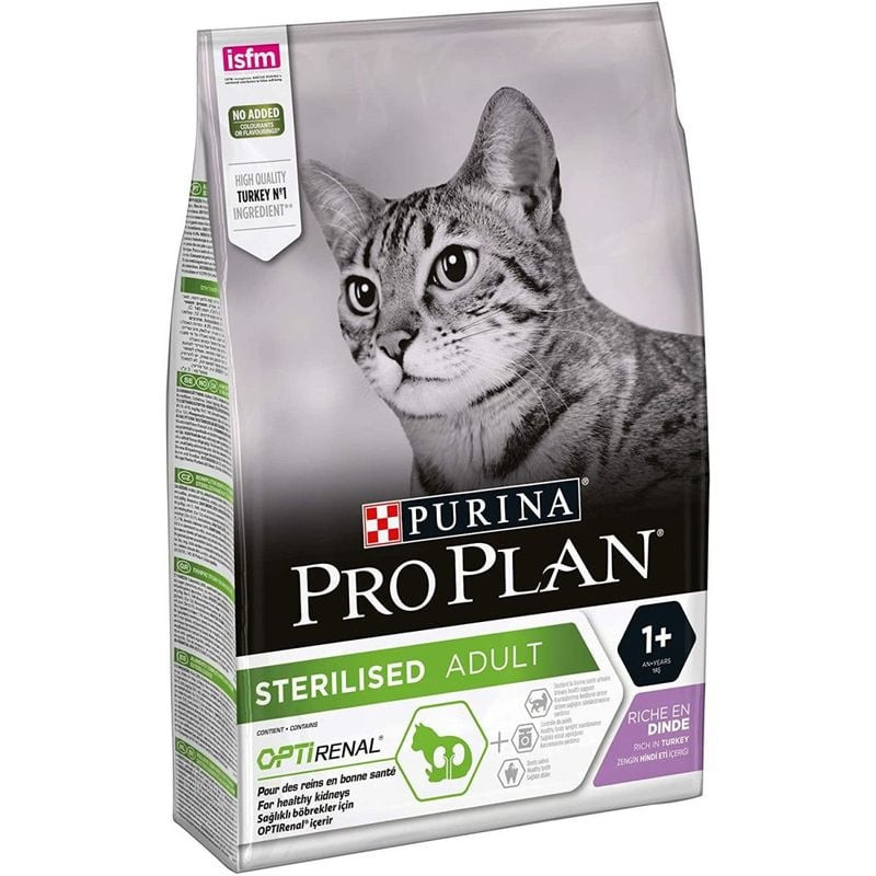 Paquet de Pro Plan croquettes pour chat stérilisé dinde 3kg avec design bleu et photo de dinde.