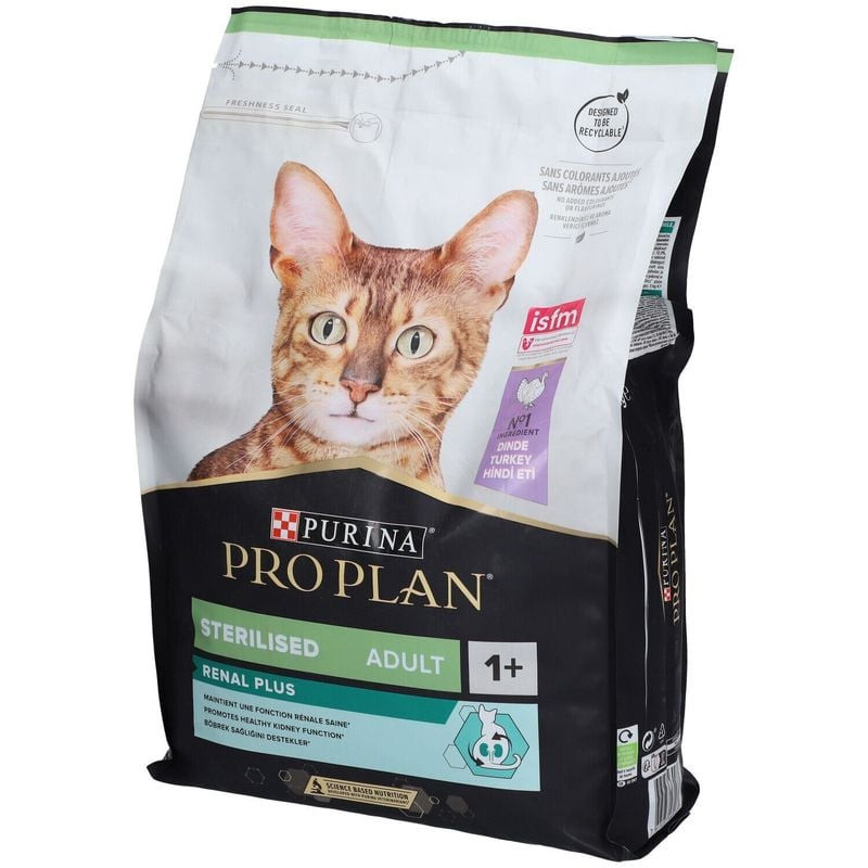 Vue de dessus du sac de croquettes pour chat Pro Plan à la dinde montrant la fermeture refermable et
