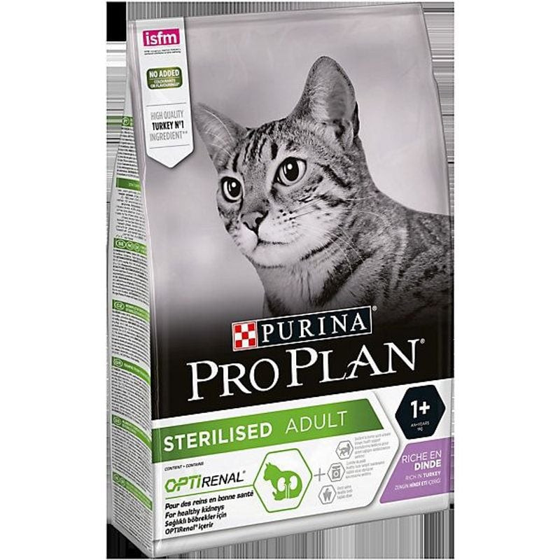 Vue de face du sachet de croquettes Pro Plan à la dinde pour chat stérilisé, soulignant la saveur et