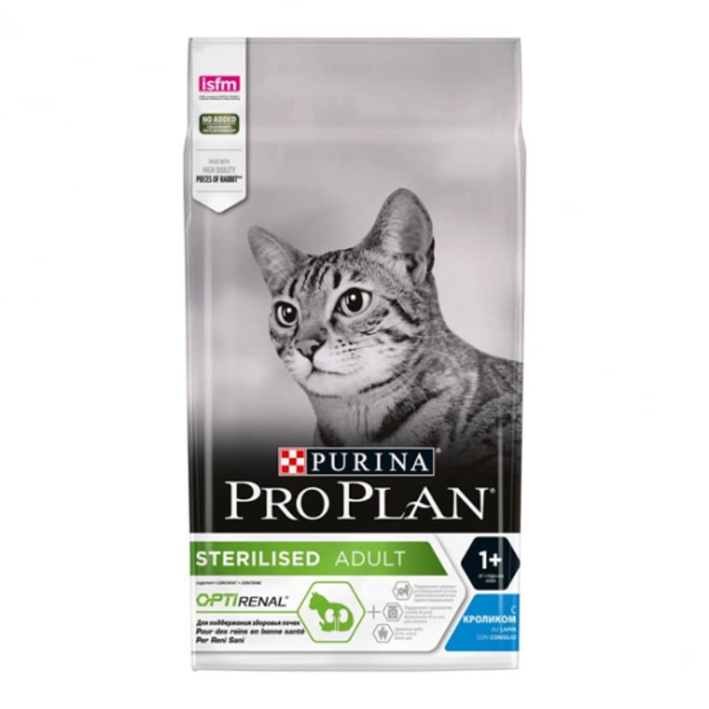 Sac de croquettes Purina Pro Plan Sterilised Adult RENAL PLUS au Lapin, vue de face avec saveur lapi