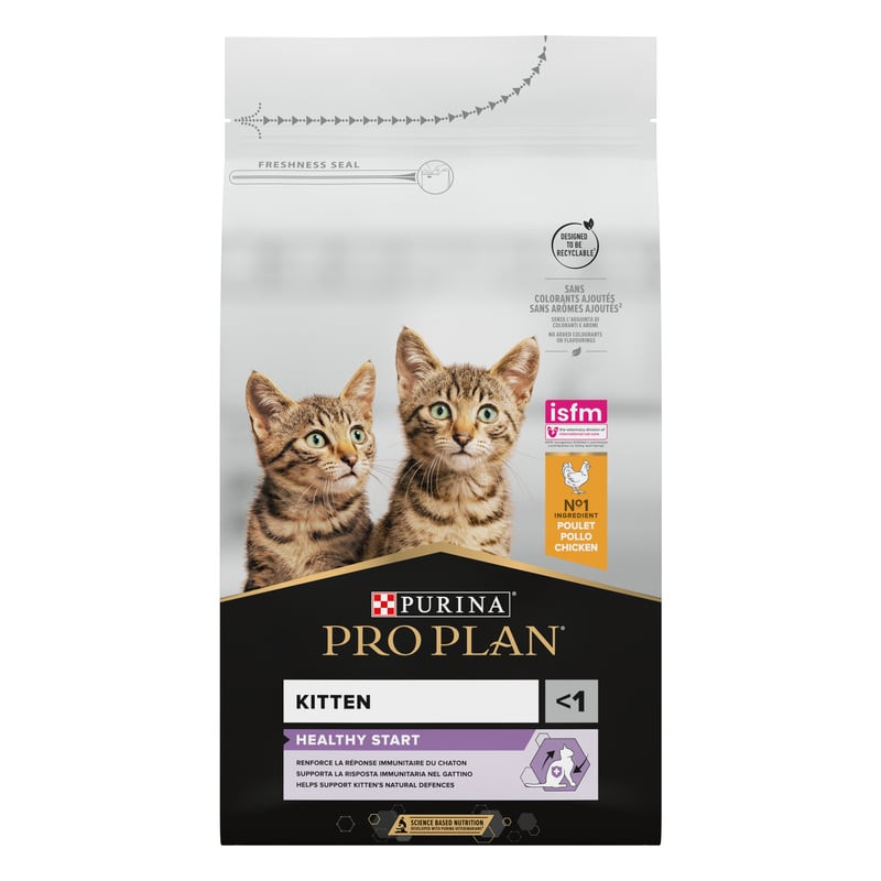 Vue arrière du sac de croquettes pour chaton Pro Plan Healthy Start Poulet, avec infos nutritionnell