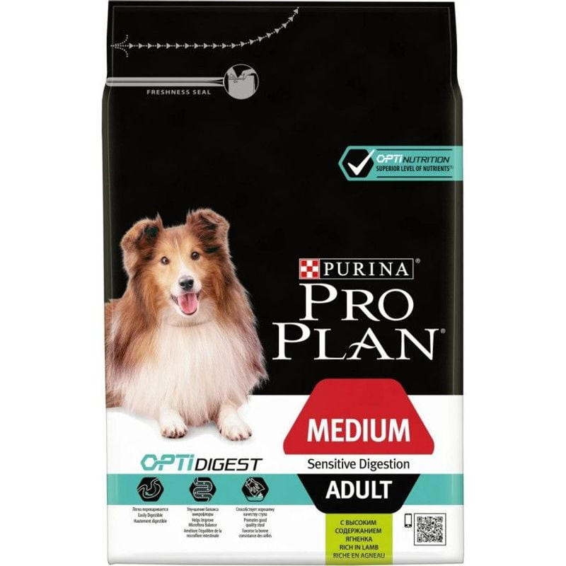 Vue de face du sachet de croquettes Pro Plan Medium Adult Agneau Digestion Sensible, montrant l'emba