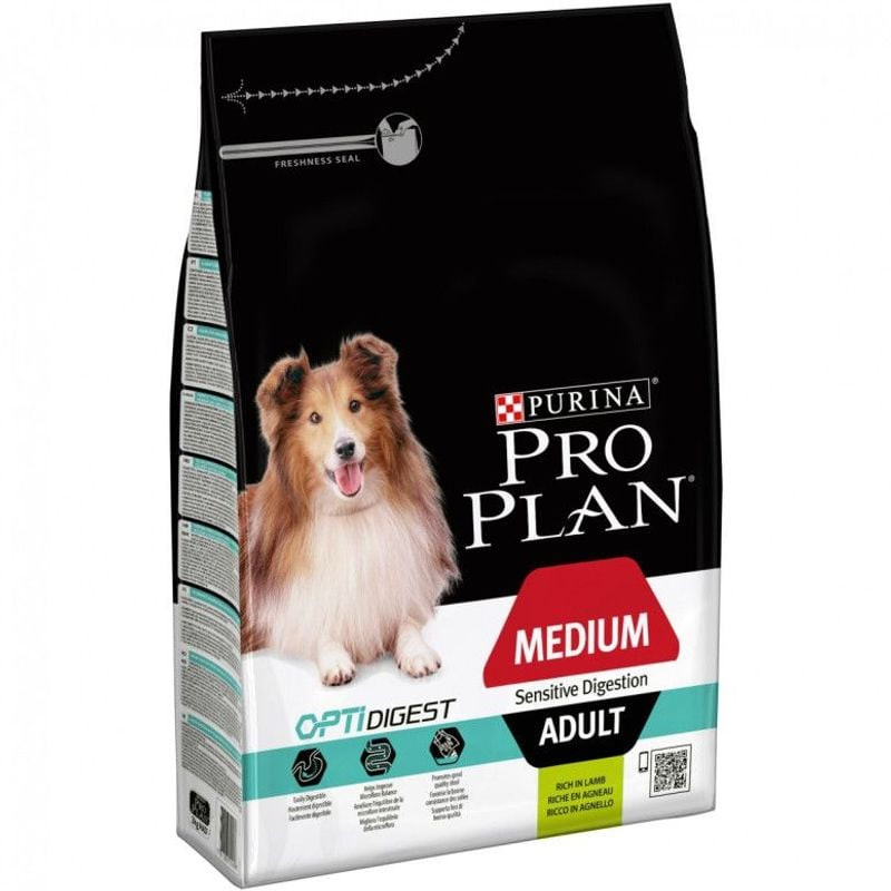 Vue latérale du sachet Pro Plan Medium Adult Agneau Digestion Sensible, avec infos nutritionnelles e