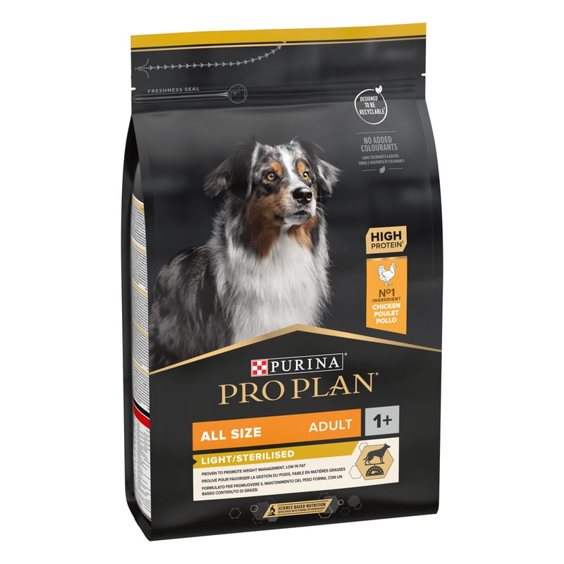 Paquet latéral des croquettes Purina PRO PLAN Light/Stérilisé au poulet pour chien