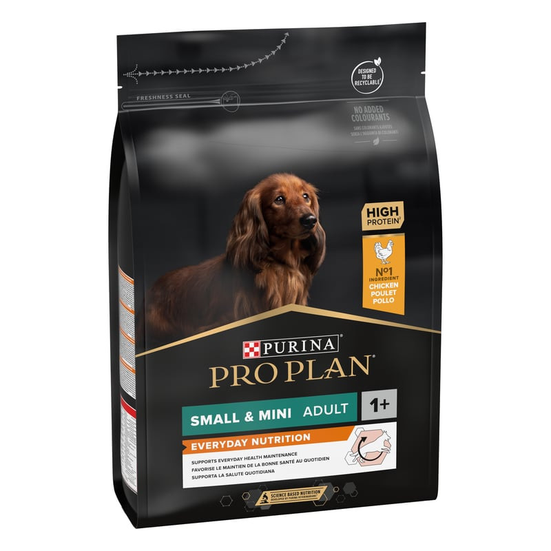 Sac de croquettes Purina Pro Plan Small & Mini Adult au poulet, illustré d'un chien de petite race.