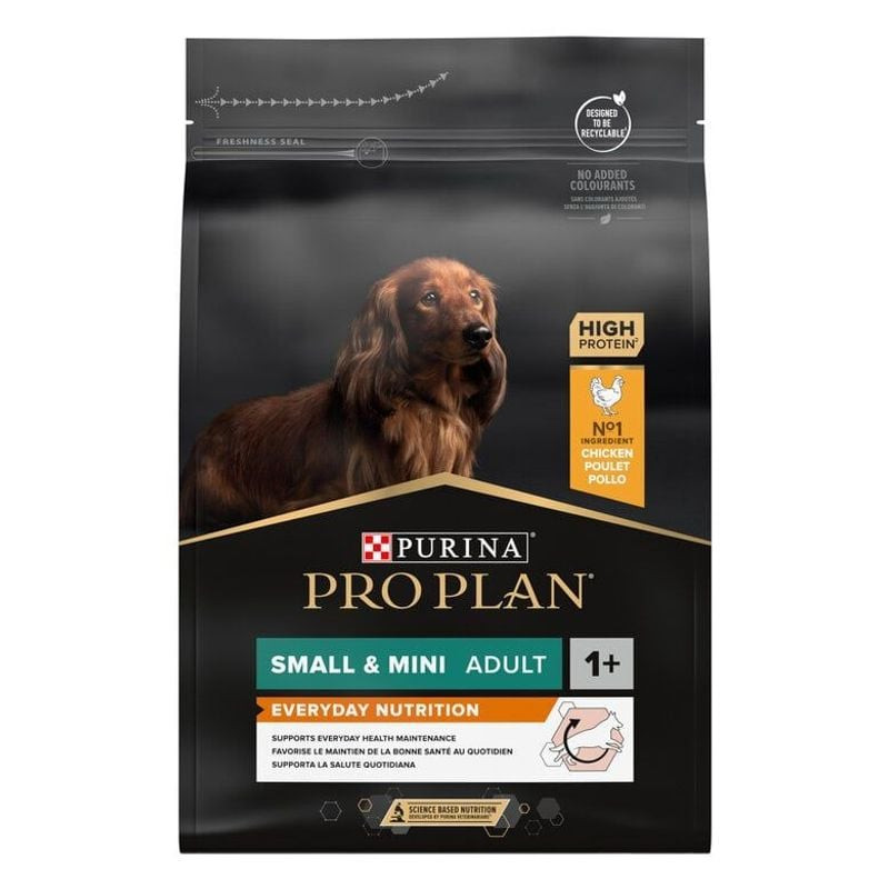 Sac de 3 kg de croquettes Pro Plan pour chien small & medium adulte au poulet, sur fond blanc.