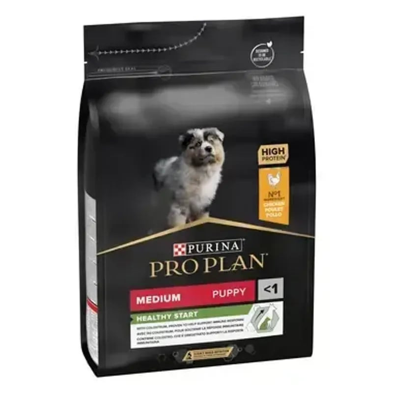 Vue de face du sac de croquettes Purina Pro Plan Medium Puppy Healthy Start au poulet, avec le logo 