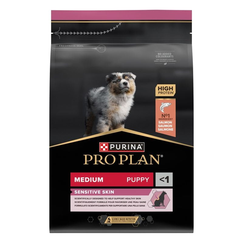 Vue de face du sac PROPLAN 1967373 pour chiots de taille moyenne à peau sensible, à base de protéine