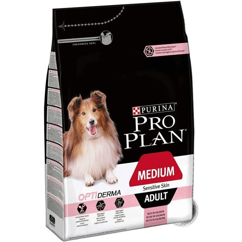Sac PURINA PRO PLAN Medium Adulte Peaux Sensibles en vue inclinée montrant infos nutritionnelles et 