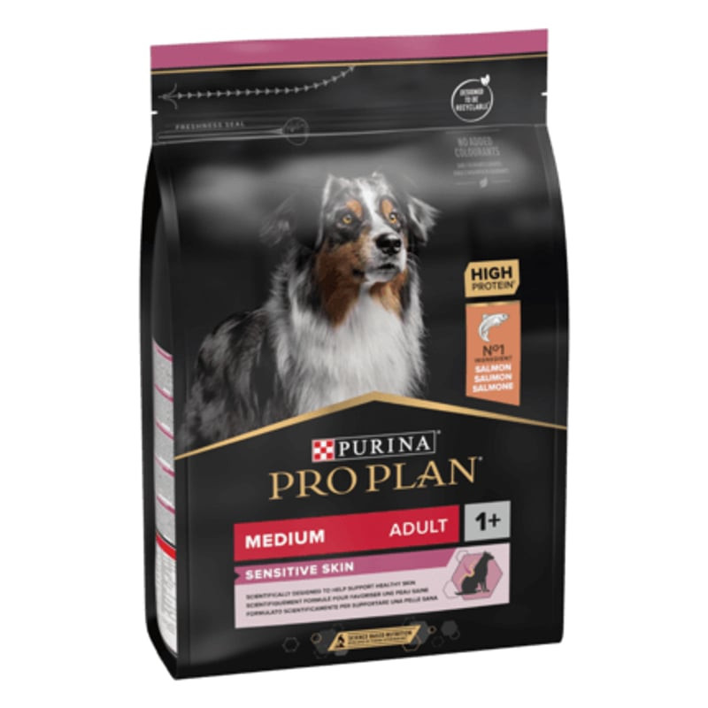 Vue de face du sac de croquettes PURINA PRO PLAN Medium Adulte Peaux Sensibles, avec recette au saum