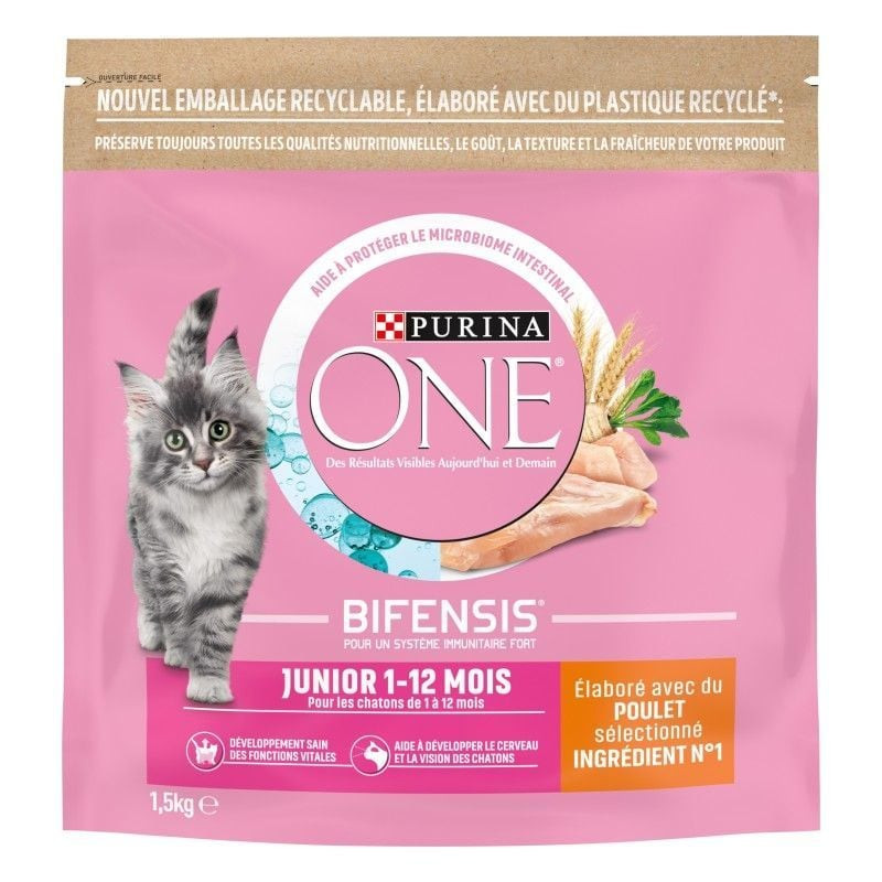 Vue latérale du sac Purina ONE Junior montrant la liste des ingrédients et les recommandations alime