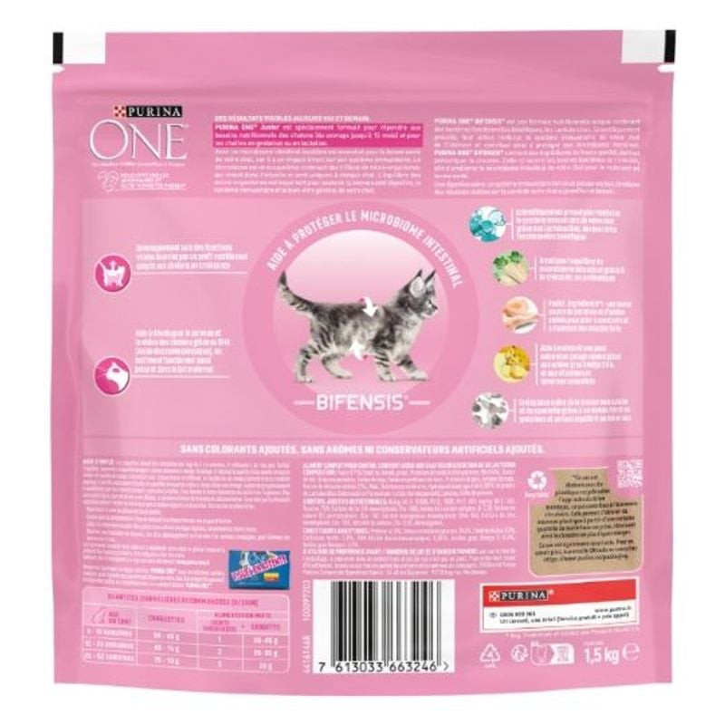 Packshot du sac de croquettes Purina ONE Junior pour chaton, avec la formule BIFENSIS.