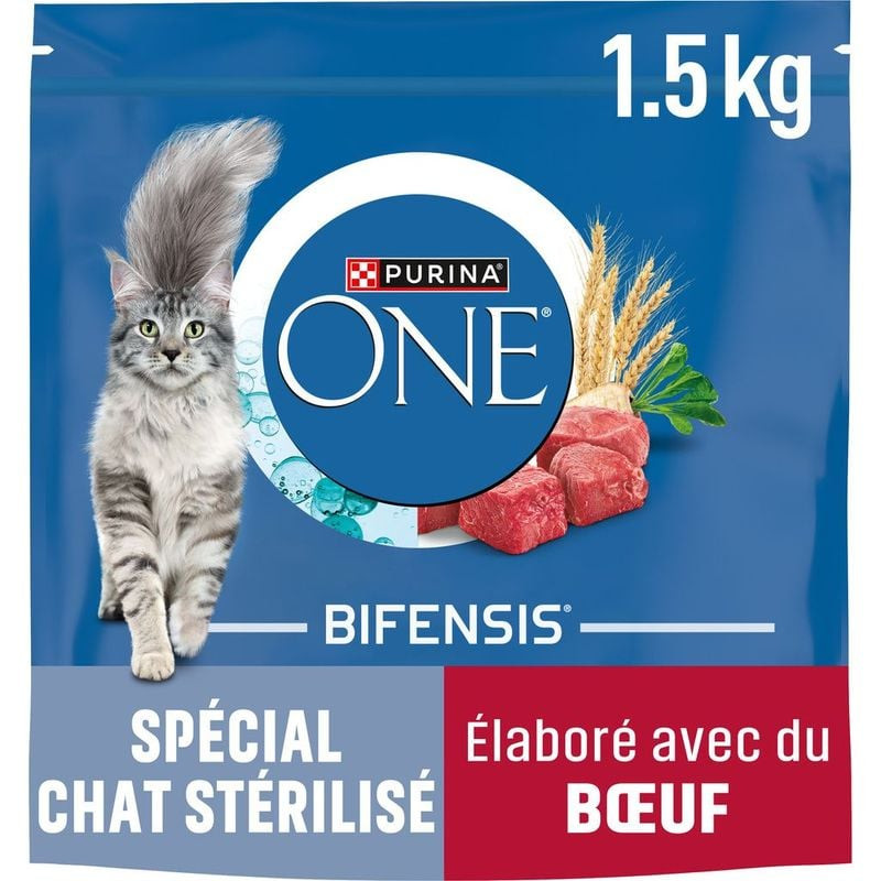 Sac de croquettes Purina ONE Sterilcat au bœuf, vue latérale avec informations nutritionnelles.