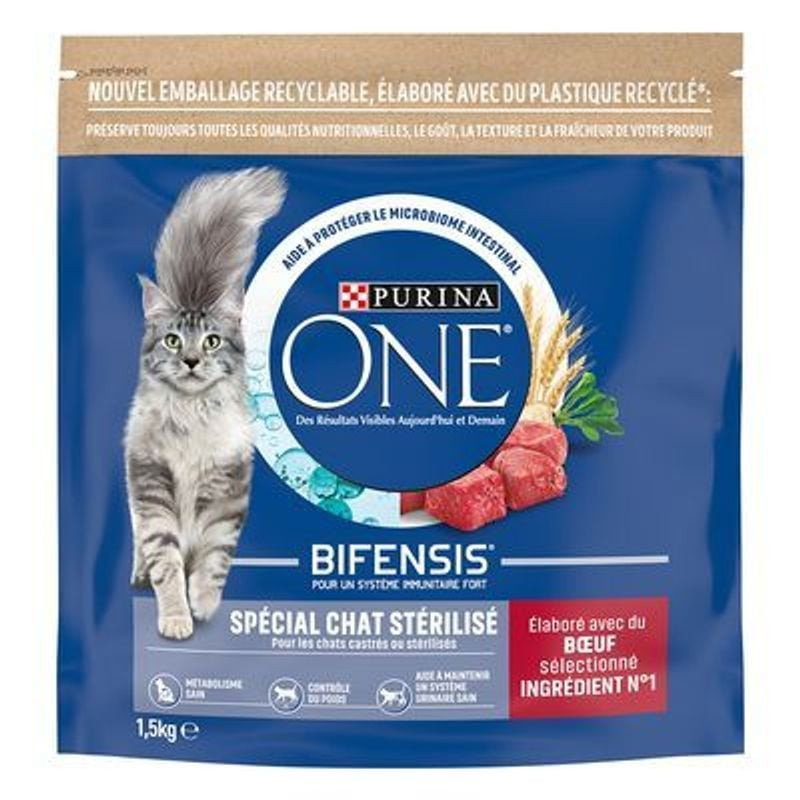 Purina ONE Sterilcat Boeuf & Blé croquettes pour chat stérilisé - vue de face du sachet.