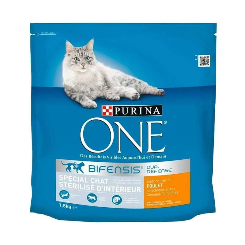 Vue arrière du sachet Purina ONE Sterilcat présentant les informations nutritionnelles et les bienfa