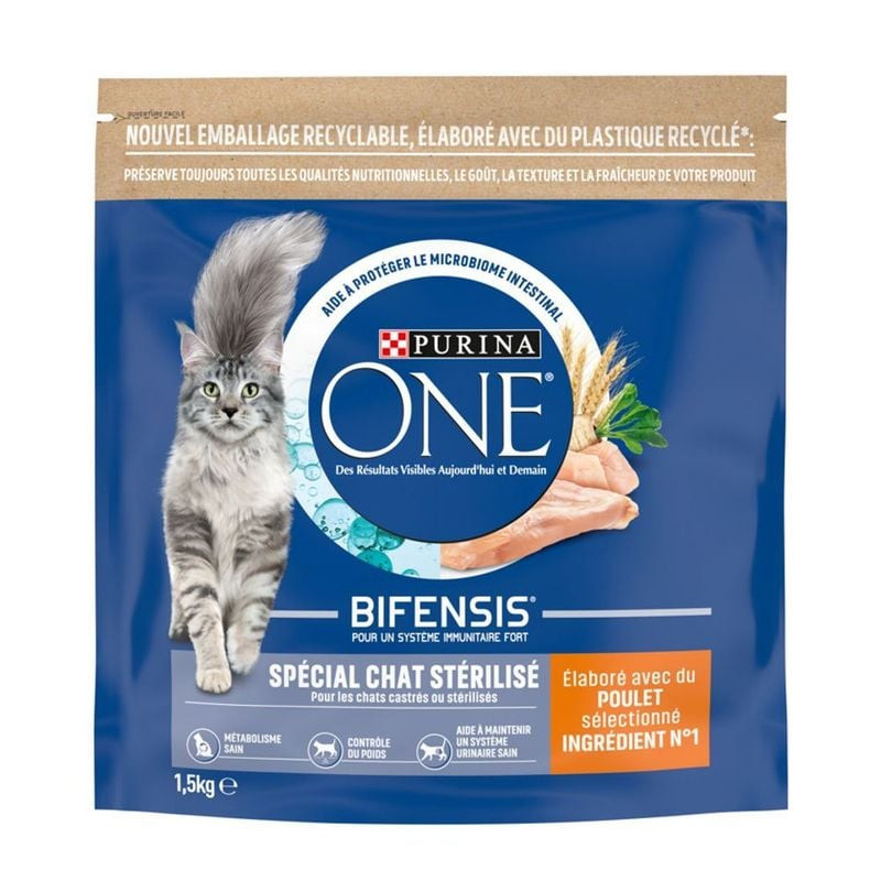 Vue de face du sachet de croquettes Purina ONE Sterilcat, avec le logo et une illustration de chat.