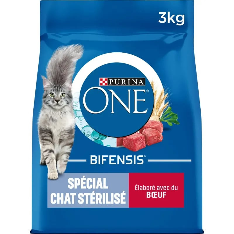 Vue de face du sac de croquettes Purina ONE Bifensis pour chat stérilisé au bœuf, montrant le nom du