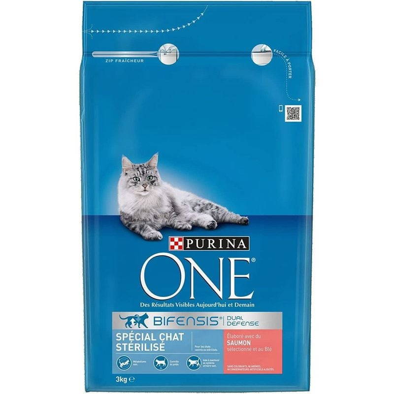 Packshot du sac de 3 kg de croquettes Purina One pour chat stérilisé au saumon.