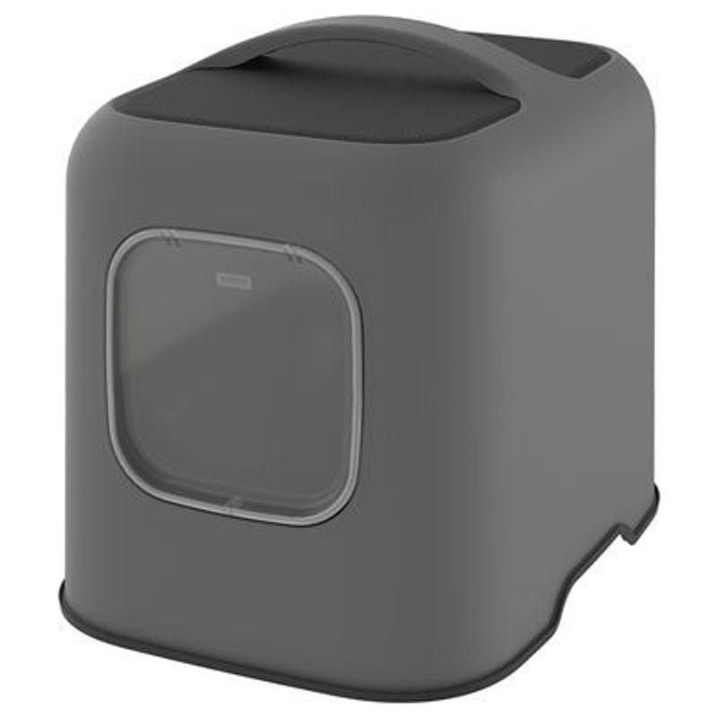 Bac à litière pour chat Rotho My Pet Biala, en plastique recyclé blanc, vue de face avec porte magné