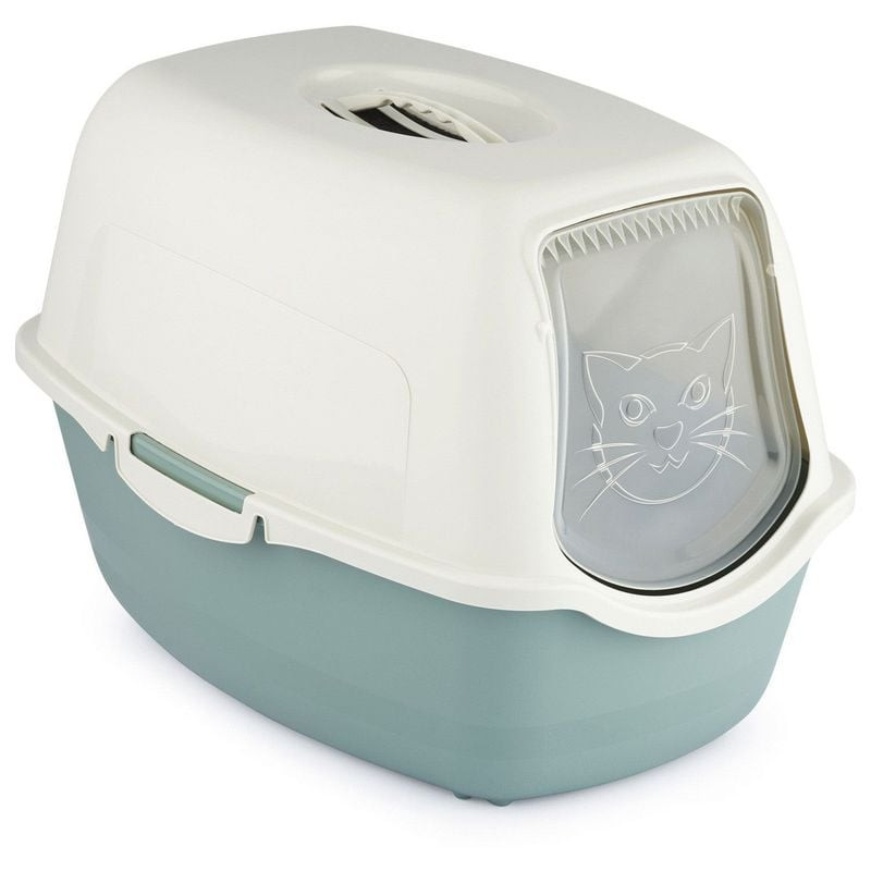 Packshot de la maison de toilette Rotho My Pet Bailey recyclée pour chat, modèle vert et blanc.