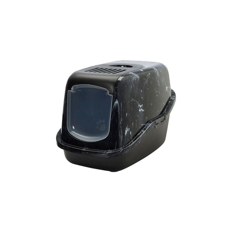 Litière pour chat SAVIC Nestor Marble avec design marbre noir, couvercle amovible, porte pliante et 