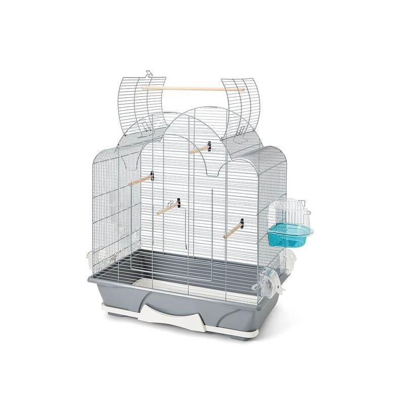 Cage à oiseaux Savic Mélodie 50 Open argentée avec toit ouvrant, cinq perchoirs en bois et structure