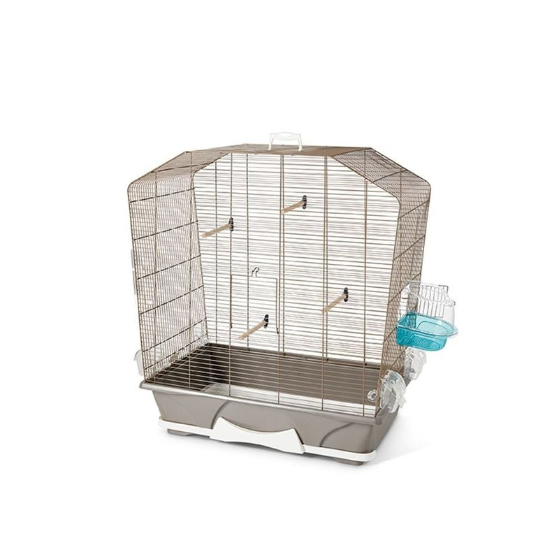 Vue de face de la cage Savic Camille 30 pour petits oiseaux, couleur taupe avec trois perchoirs et m