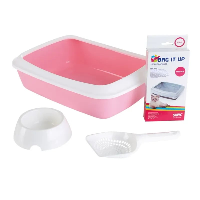 Kit de démarrage Savic Iriz babyroze avec bac à litière, gamelle, pelle et sacs à litière sur fond b
