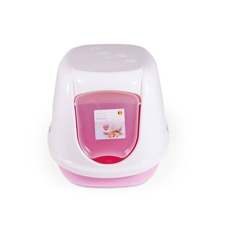 Vue de face de la litière couverte SAVIC Duchesse rose pastel avec porte battante et motifs de patte