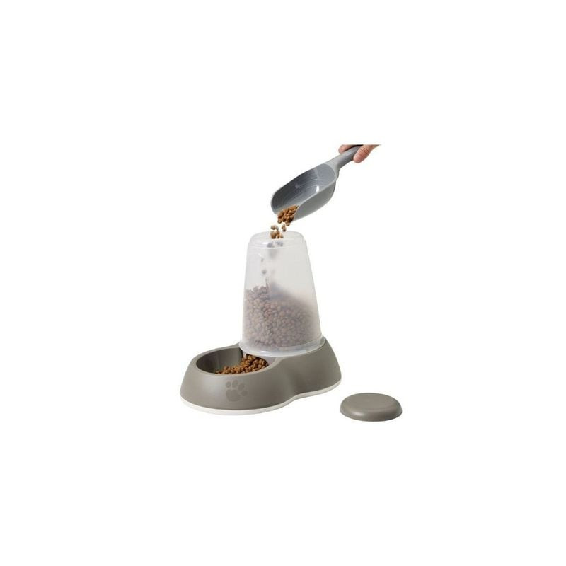 Distributeur de nourriture SAVIC Loop 3L gris à gravité pour animaux, fond blanc, vue de côté.