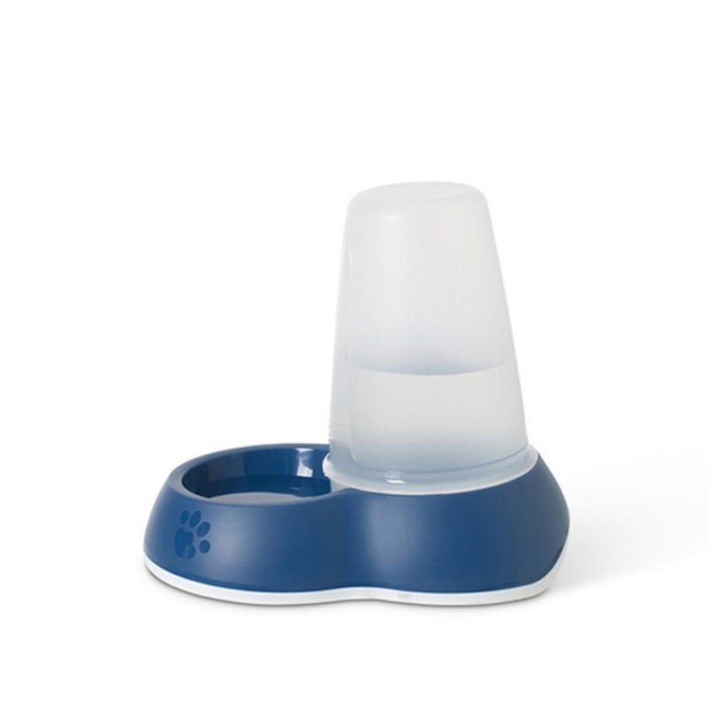 Vue latérale du distributeur d'eau Savic Flamingo bleu montrant le réservoir transparent et la base 