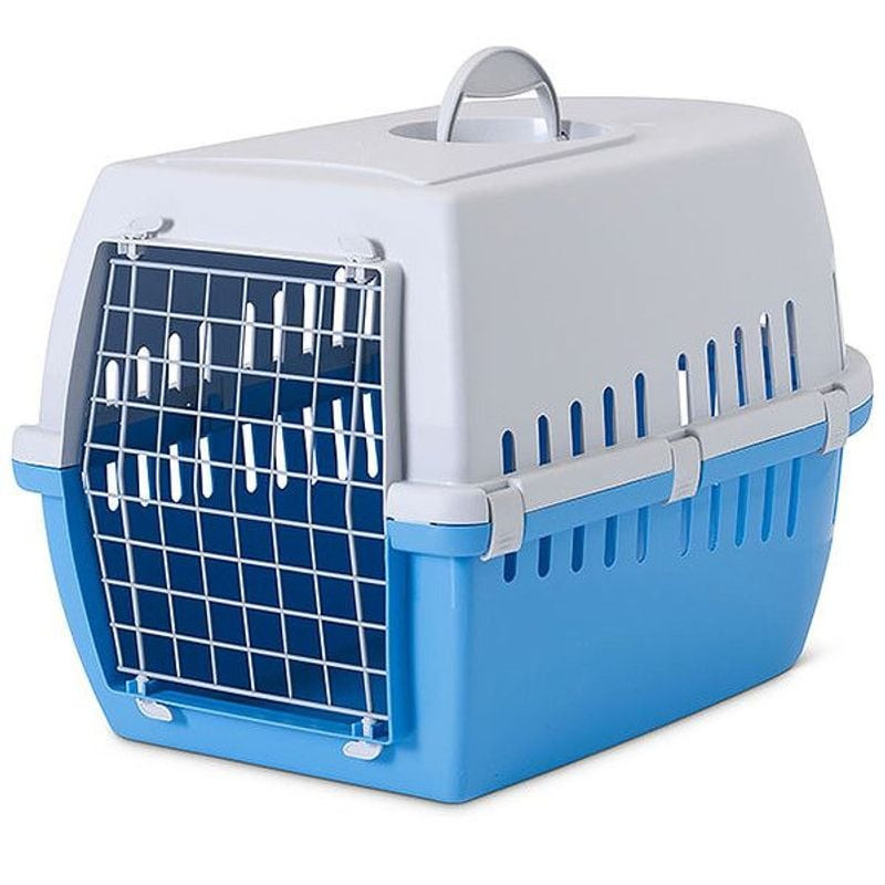 Caisse de transport Savic Trotter 3 en bleu pacifique, vue de face montrant la porte en fil métalliq