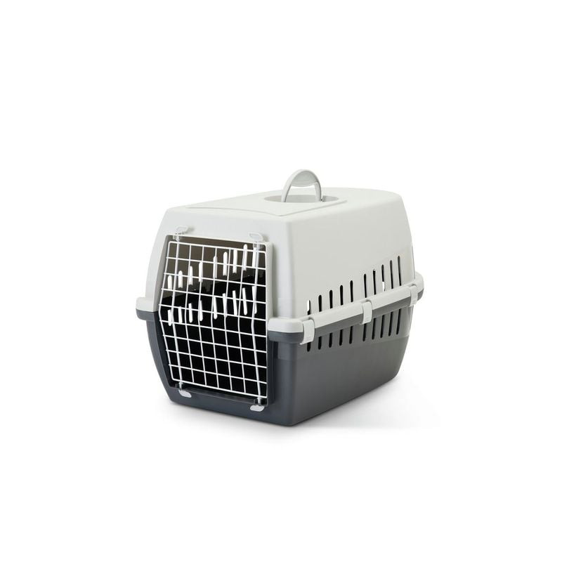 Packshot de la caisse de transport SAVIC Trotter 3 anthracite pour chat avec porte en maille métalli