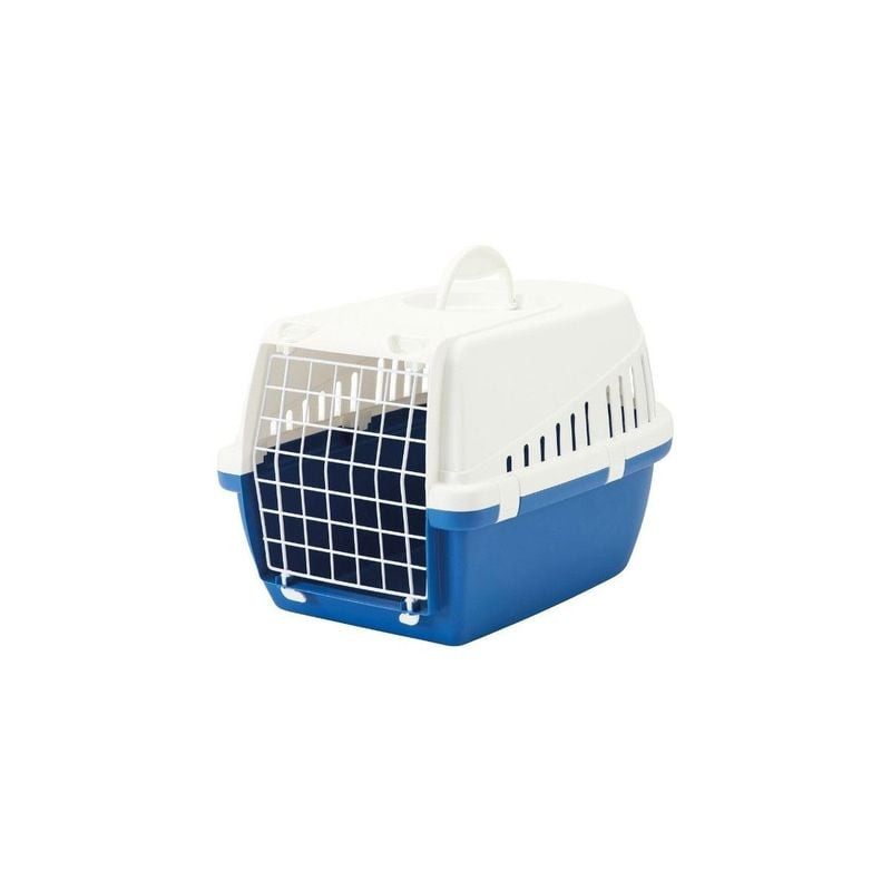 Cage de transport Savic Trotter 1 bleu nordic avec poignée et porte avant ouverte, montrant l'espace