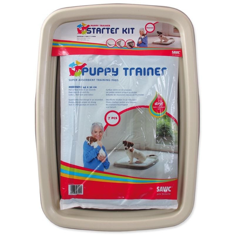Packshot du tapis d'éducation Savic Puppy Trainer M montrant l'ensemble complet avec plateau en plas