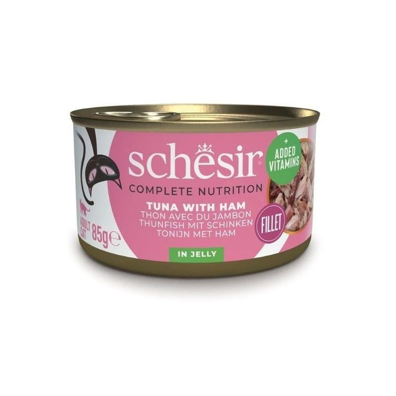Vue arrière de la boîte d'aliments pour chat Schesir 1968499 avec informations nutritionnelles et in