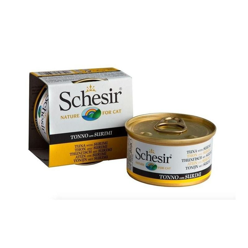 Vue arrière de la boîte de pâtée Schesir pour chat montrant la liste des ingrédients et les instruct