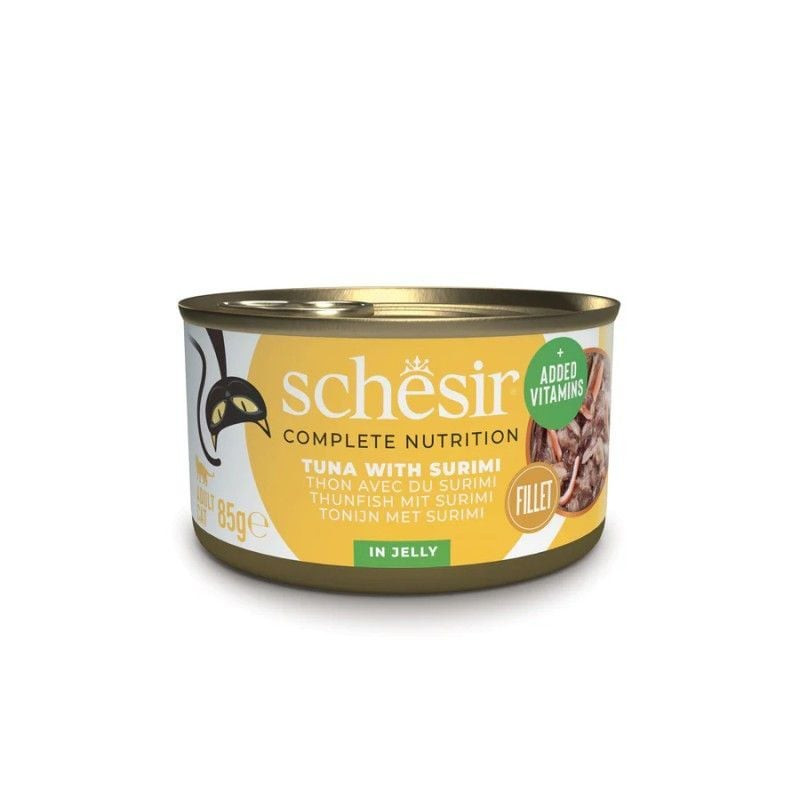 Vue de face de la boîte de pâtée Schesir pour chat au thon et surimi en gelée, ingrédients naturels.