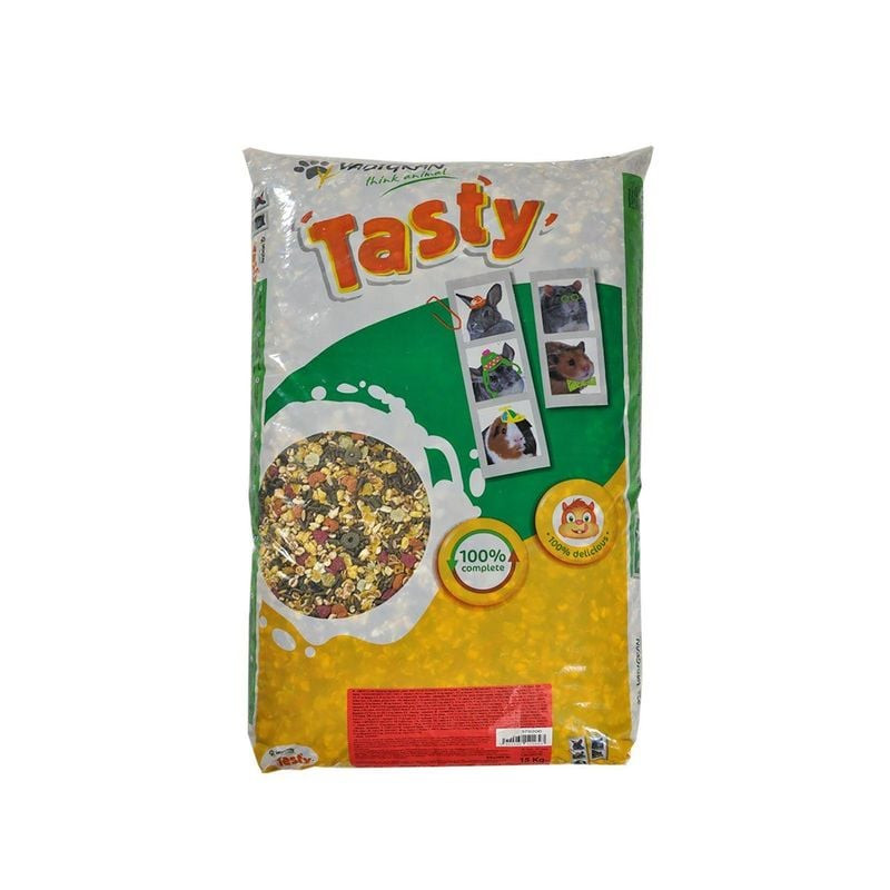 Vue de face du sac d'alimentation pour cobaye Tasty 15kg de Vadigran, montrant la marque et le nom d