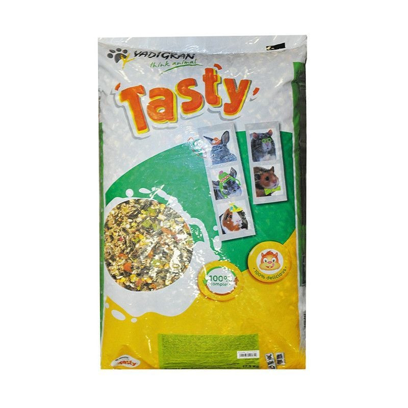 Packshot du sac Tasty aliment complet pour lapin 17,5 kg, avec un lapin sur fond vert.