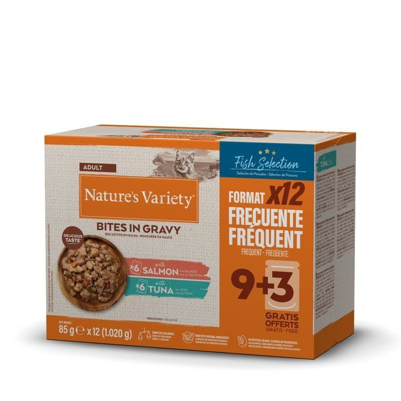 Packshot du multipack Nature's Variety 658875 de 12 sachets d'aliments pour chat au thon et saumon e