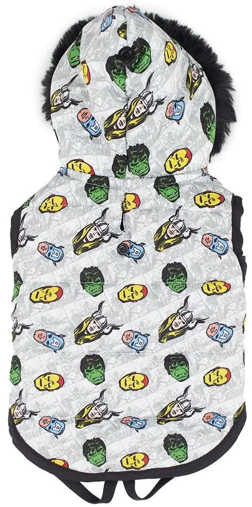 Front view of 1116393 Avengers dog coat by Cerda in size M, featuring Marvel superhero design.