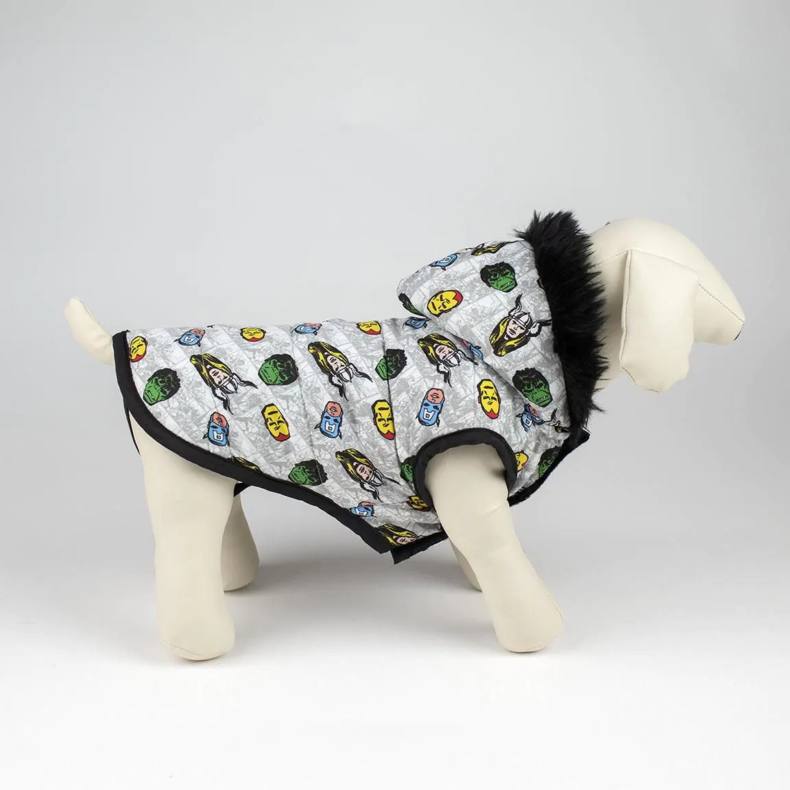 1116393 Avengers dog coat displayed in a cozy winter setting, size M.