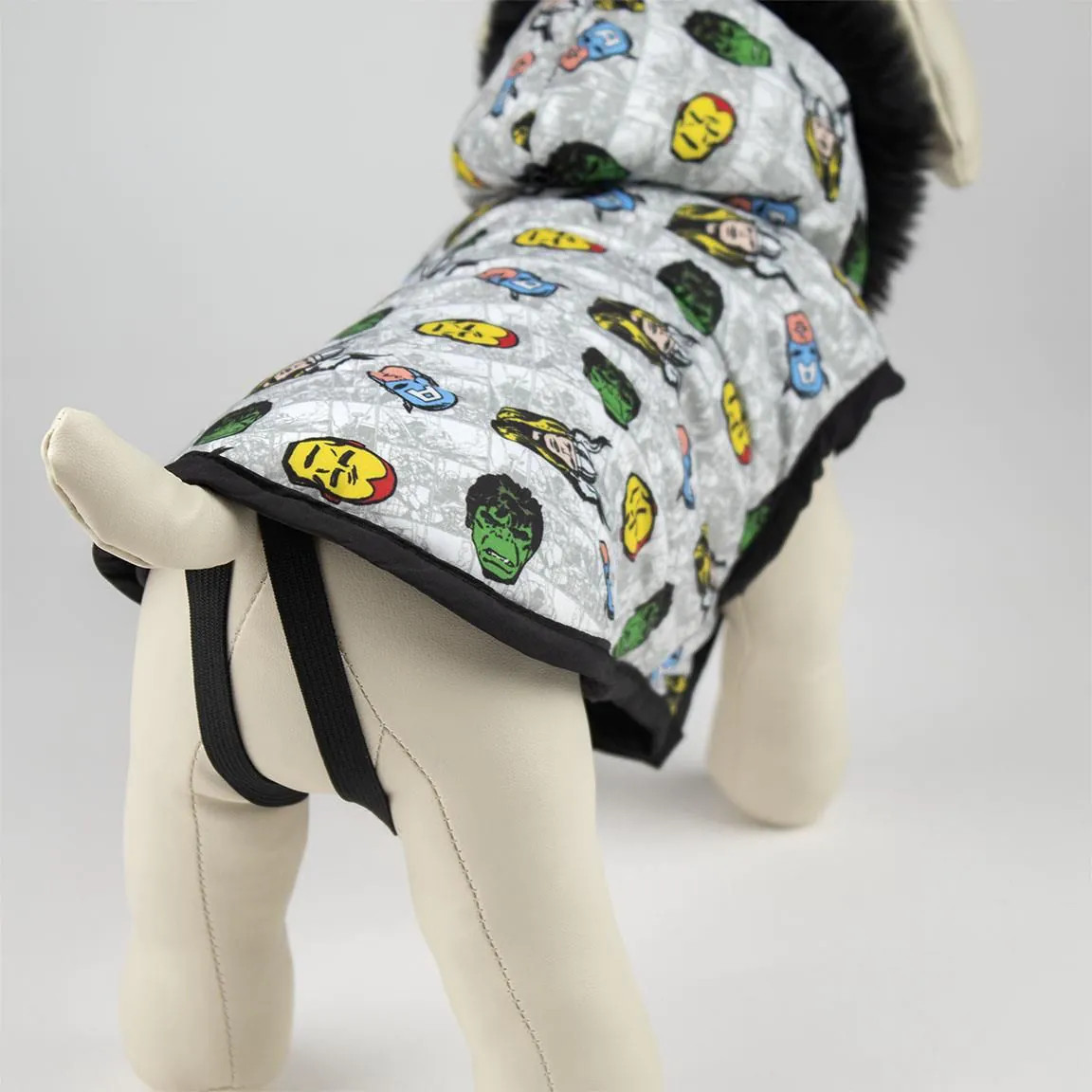 Close-up of 1116393 Avengers dog coat fabric and Marvel logo detail.