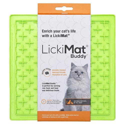LickiMat Classic Buddy Cat licking mat in green with maze texture, designed to slow feeding and soot