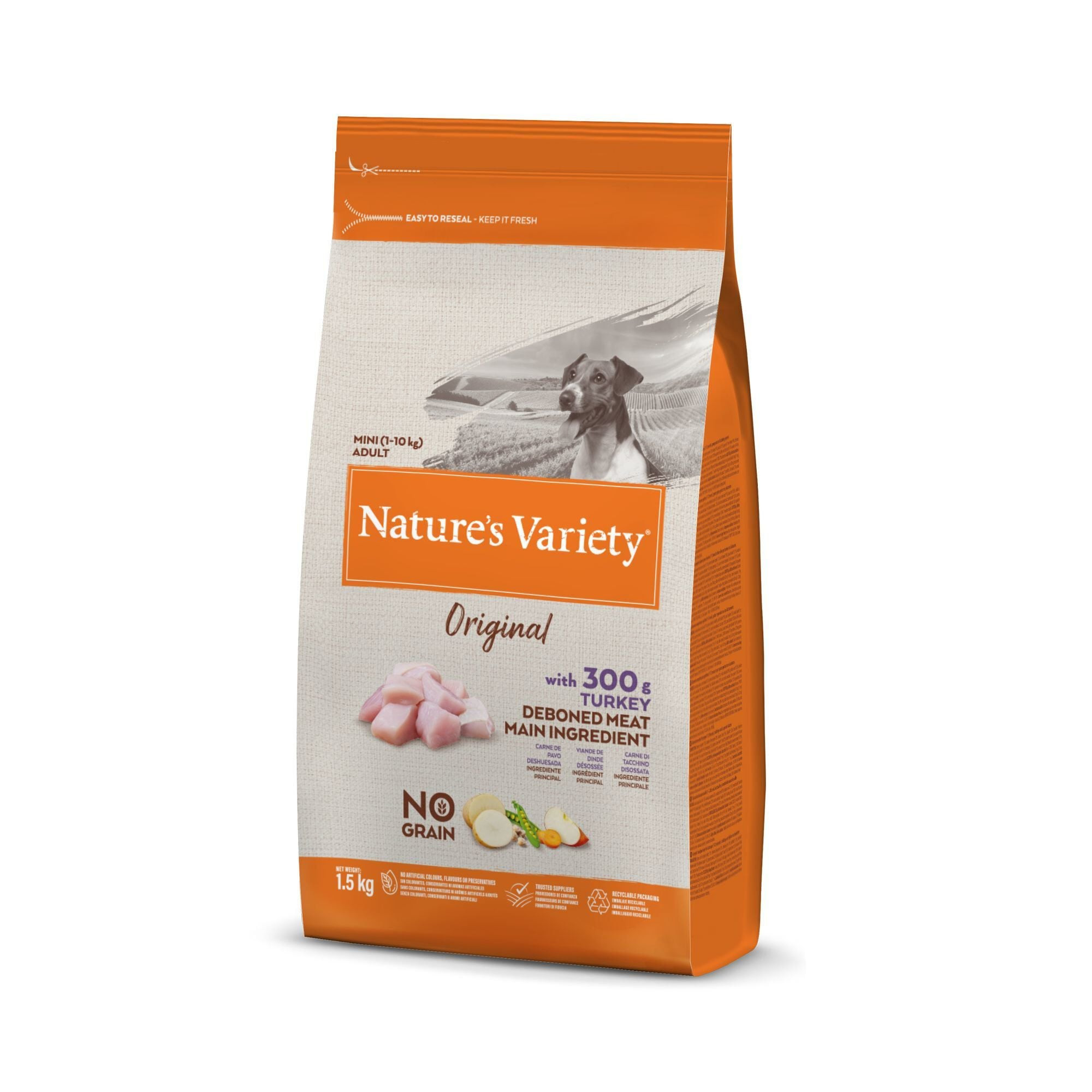 Front view of Nature's Variety Original Mini Adult Turkey dry dog food bag, showing a small breed do