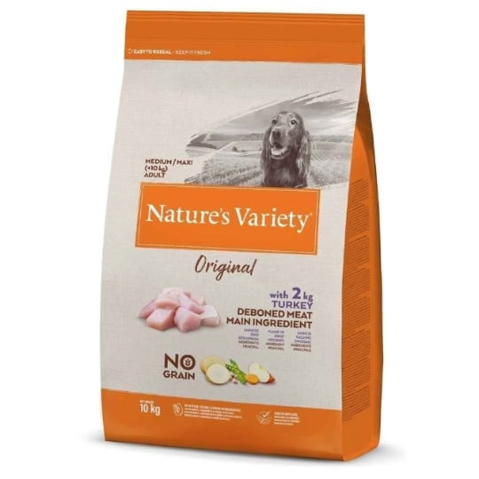 Back view of Nature's Variety 1116306 dog food bag with nutrition facts and ingredient list.