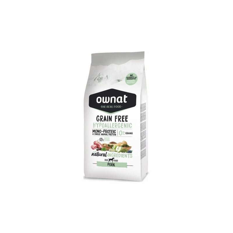 Sac de croquettes Ownat Grain Free Hypoallergénique au porc, présentant l'emballage et les avantages